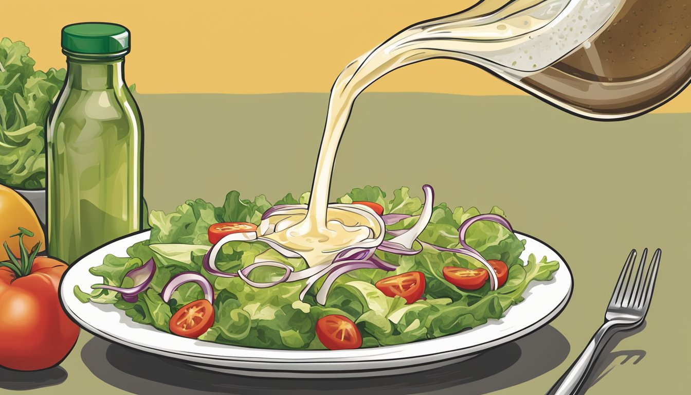 A bottle of Wishbone Italian dressing pouring excessively over a salad