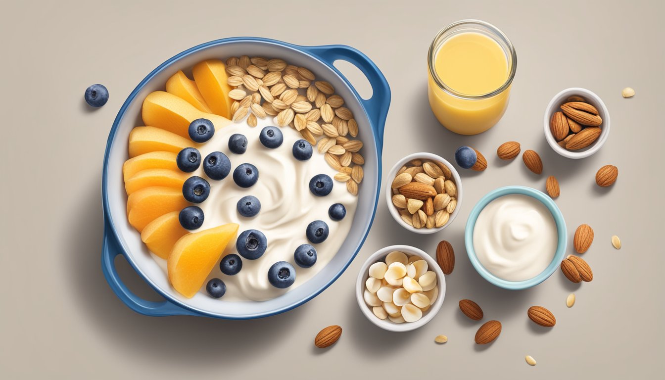 A bowl of Quaker oats overflowing with fruit, nuts, and yogurt, surrounded by measuring cups and spoons