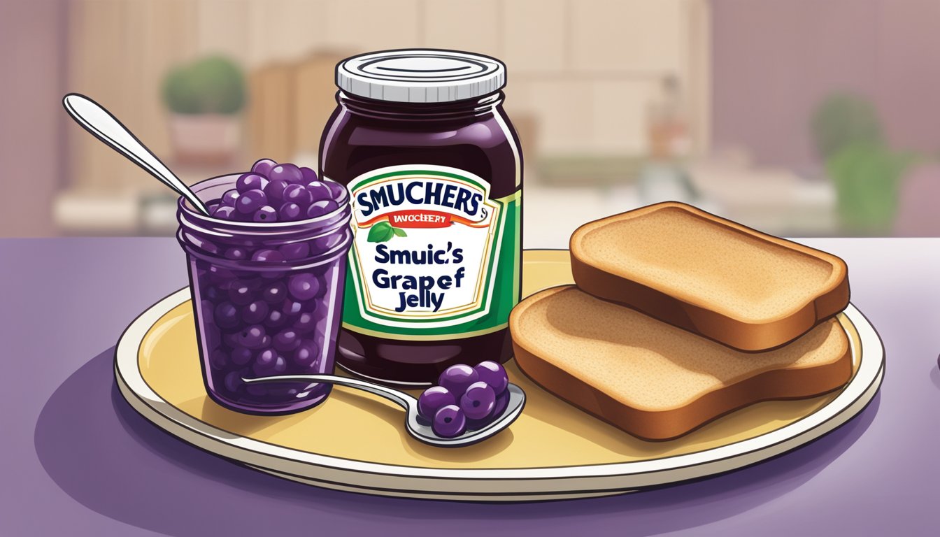 A jar of Smucker's grape jelly sits next to a balanced meal, with a spoonful being added to toast