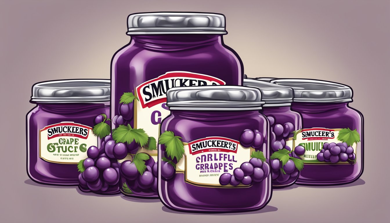 A jar of Smucker's grape jelly overflowing with excessive spoonfuls