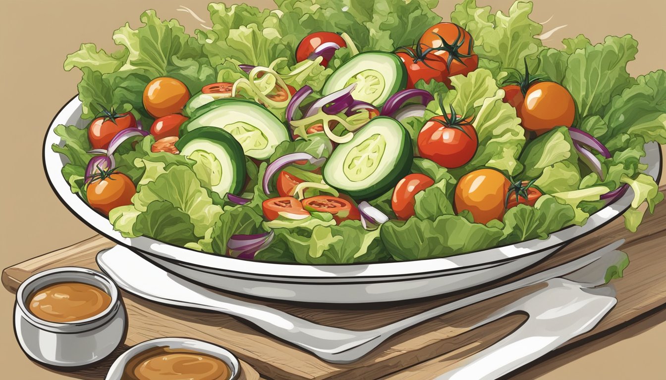 A salad bowl overflowing with lettuce, tomatoes, and cucumbers, with a bottle of Wishbone Italian dressing pouring excessively over the vegetables