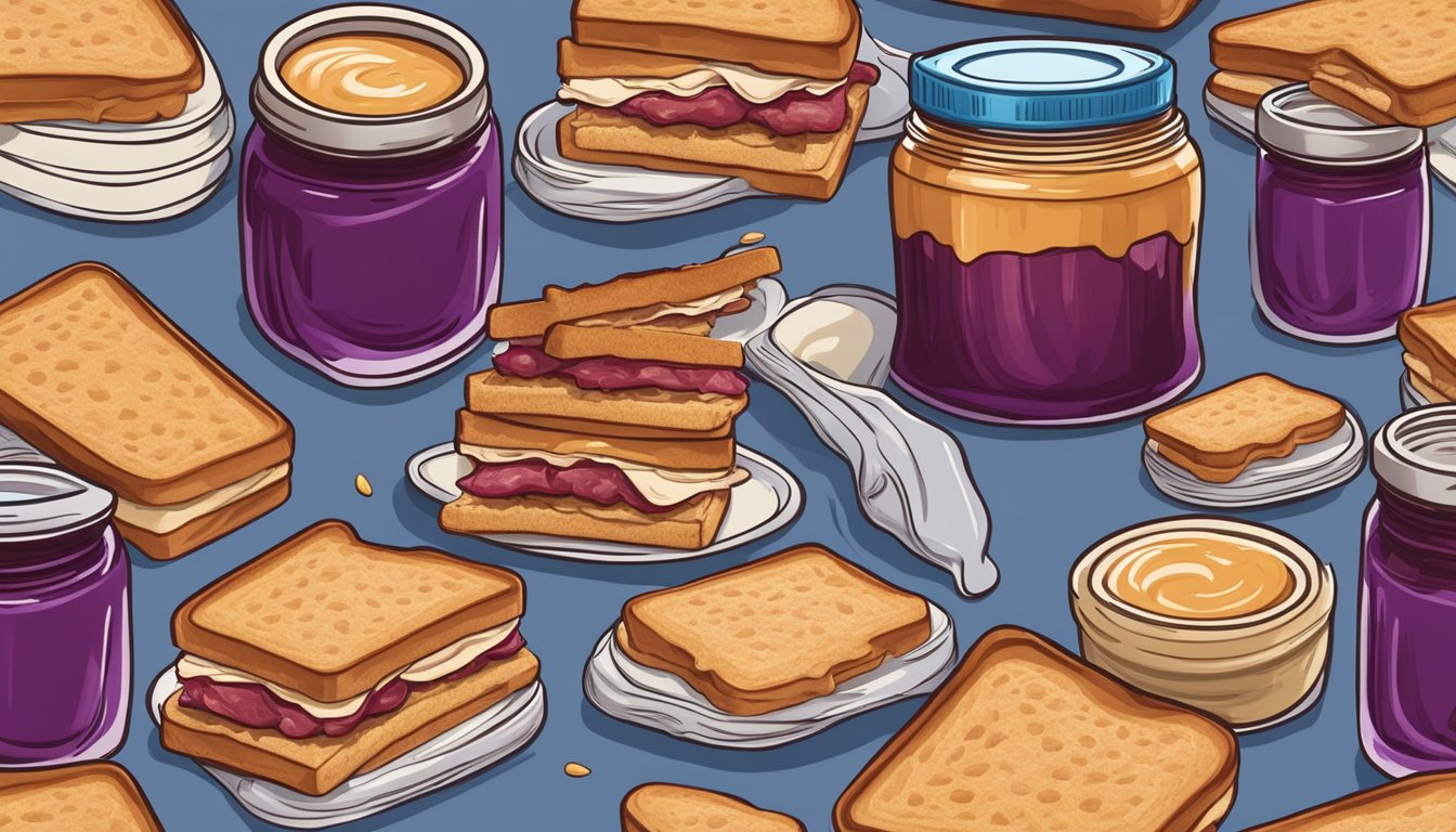 A jar of Smucker's Grape Jelly surrounded by overflowing toast and a towering stack of peanut butter and jelly sandwiches