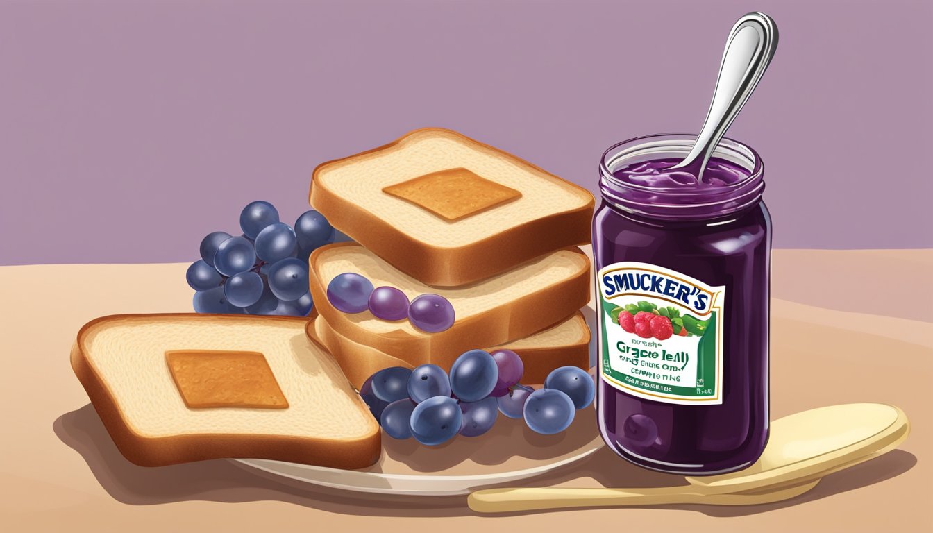 A jar of Smucker's grape jelly surrounded by overflowing slices of toast and a large spoon, indicating excessive consumption