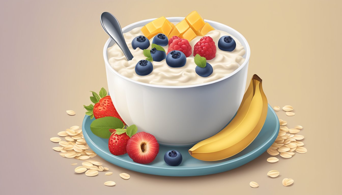 A bowl of Quaker oats overflowing with milk and topped with fresh fruit, surrounded by a measuring cup and spoon