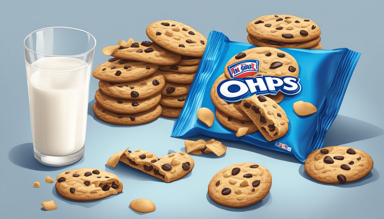 A pile of Chips Ahoy cookies spilling out of an open package, with a crumb-filled plate and an empty glass of milk nearby