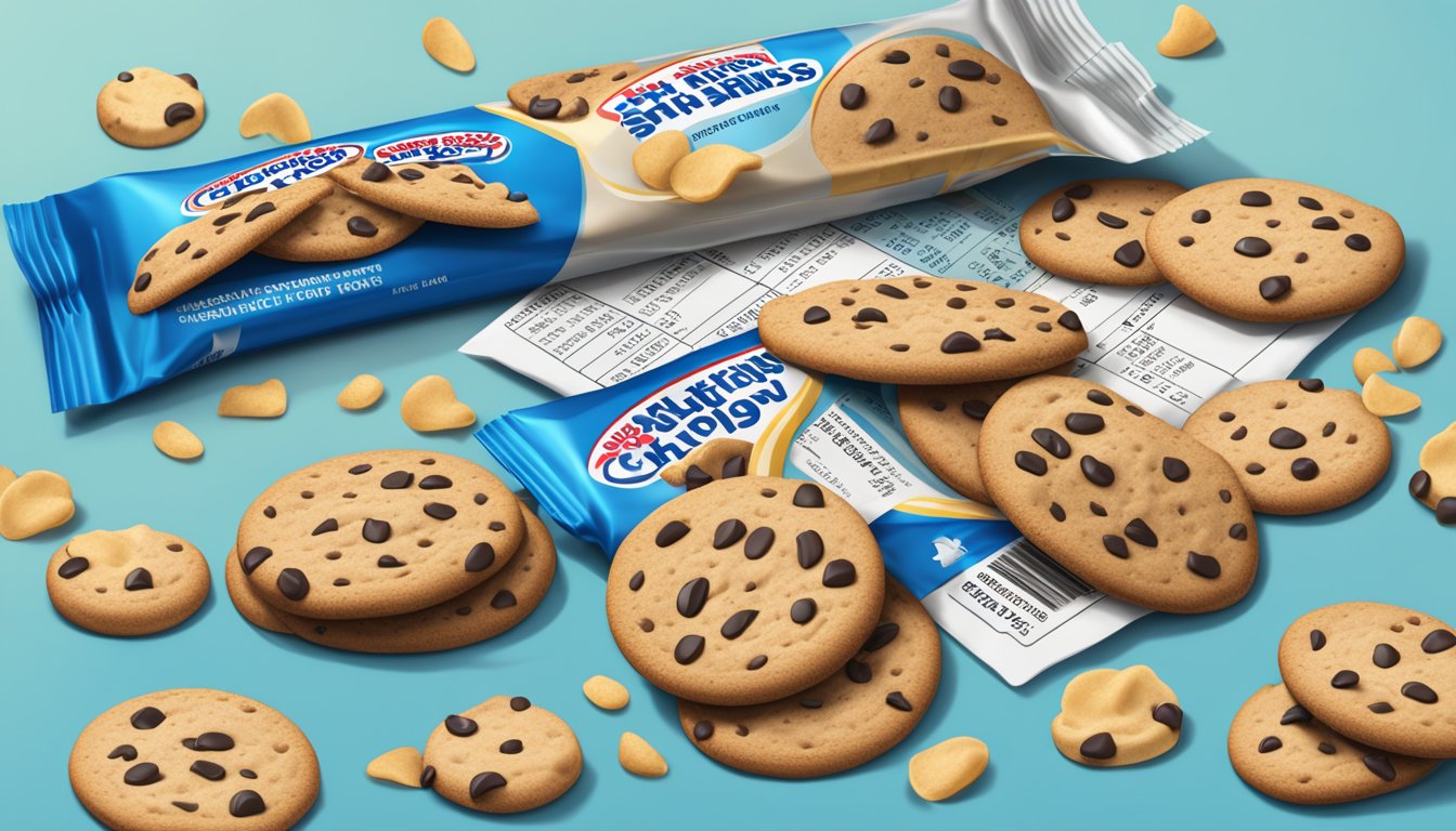 A pile of Chips Ahoy cookies spilling out of an open package, with a nutrition label and a calculator nearby