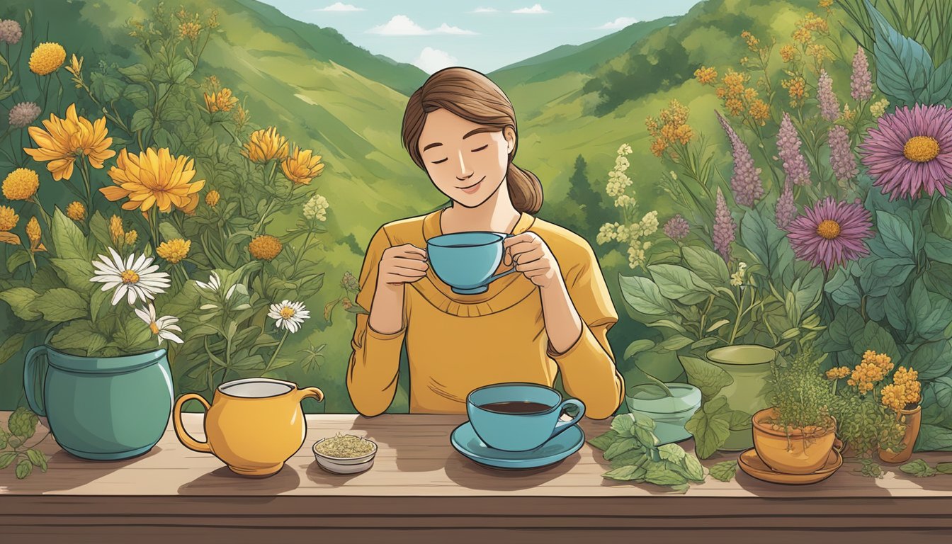 A person enjoying a cup of celestial seasonings herbal tea, surrounded by various herbs and plants