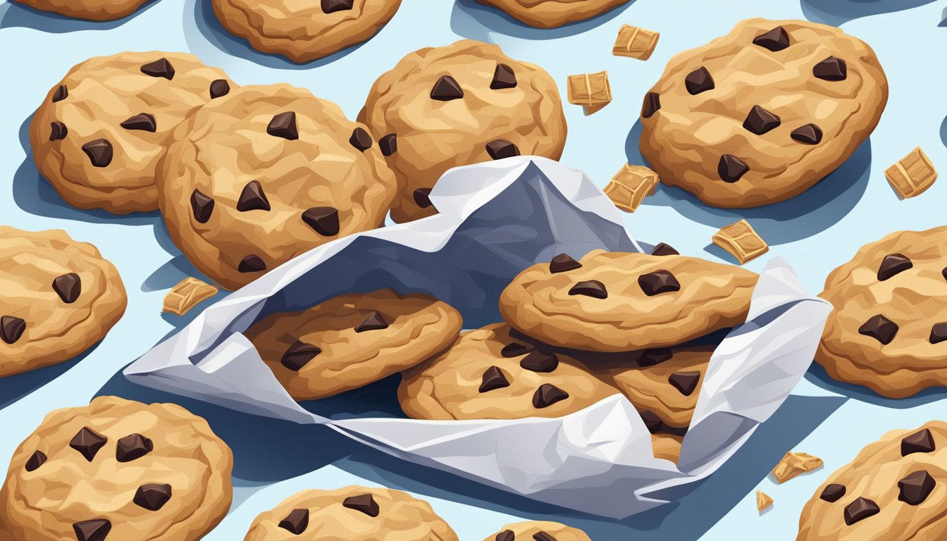 A pile of cookies spilling out of a crumpled package, surrounded by empty wrappers