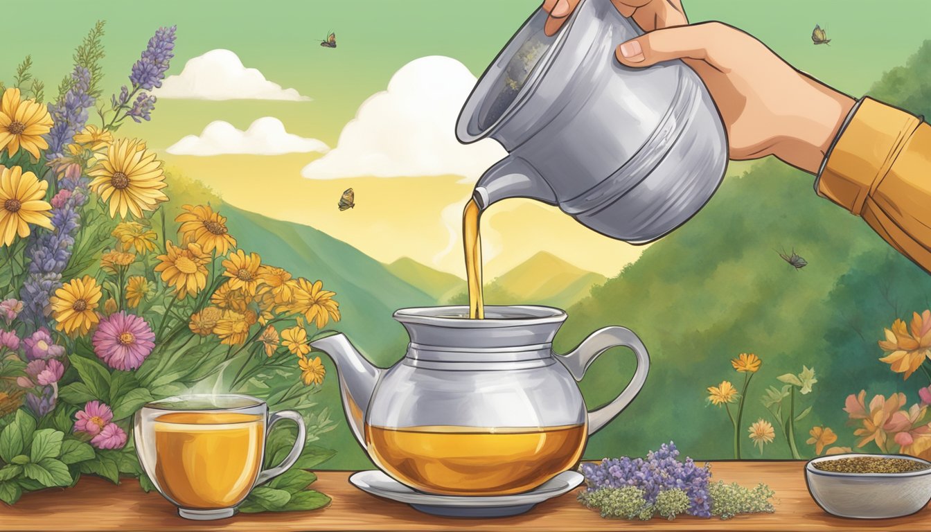 A person pouring a cup of celestial seasonings herbal tea with various herbs and flowers in the background