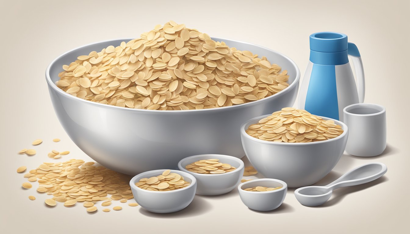 A bowl of Quaker oats overflowing with multiple servings, surrounded by measuring cups and spoons