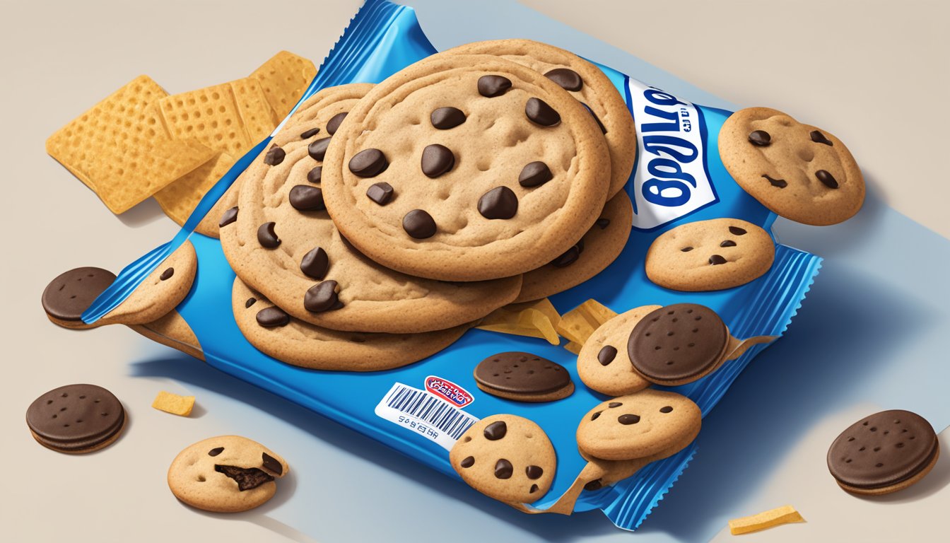 A pile of Chips Ahoy cookies spilling out of an open package, surrounded by empty wrappers. A nutrition label with "Serving Size: 3 cookies" is visible