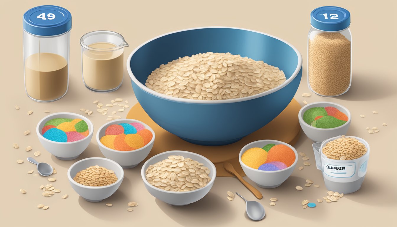 A bowl of Quaker oats overflowing with servings, surrounded by measuring cups and a nutrition label