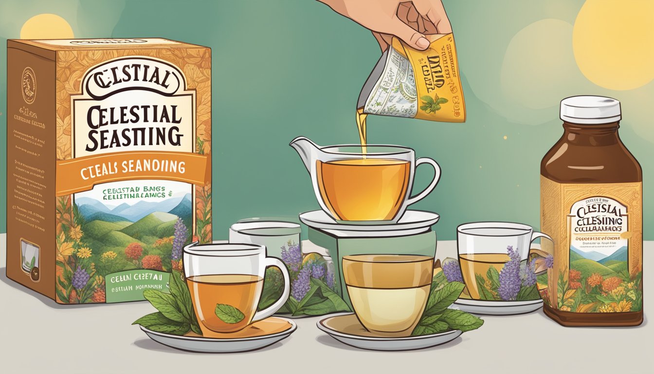 A person pouring a cup of herbal tea with several other cups lined up next to a box of Celestial Seasonings tea bags