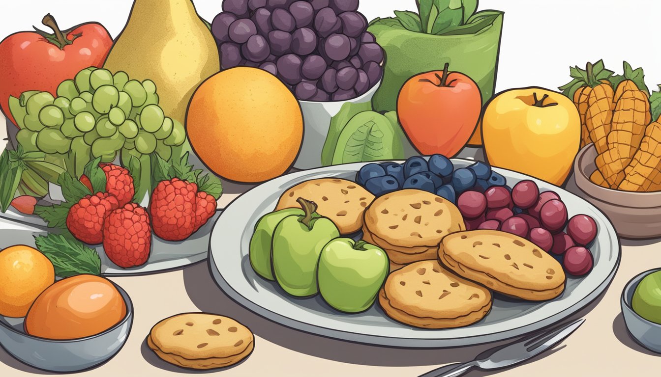 A plate with a pile of cookies next to a variety of fruits and vegetables, with a measuring cup showing the recommended serving size