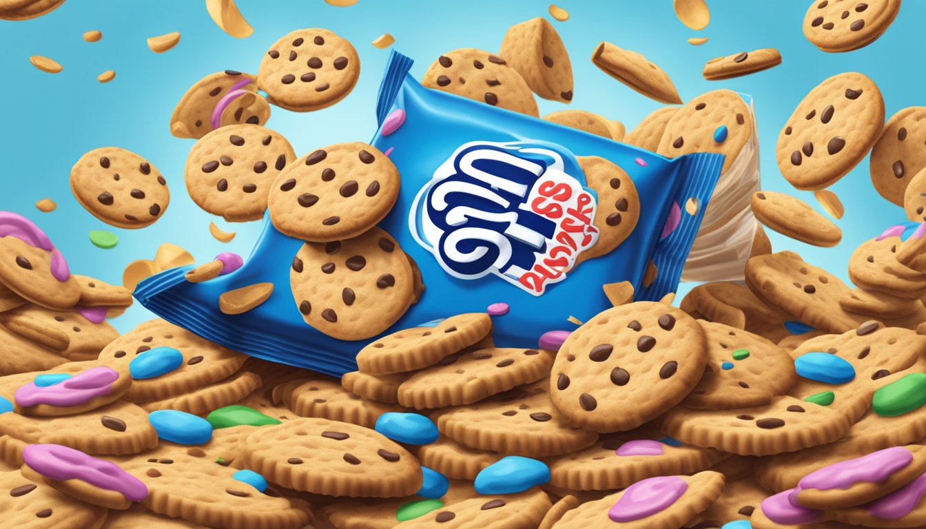 A pile of Chips Ahoy cookies spilling out of an open package, with a hand reaching for more