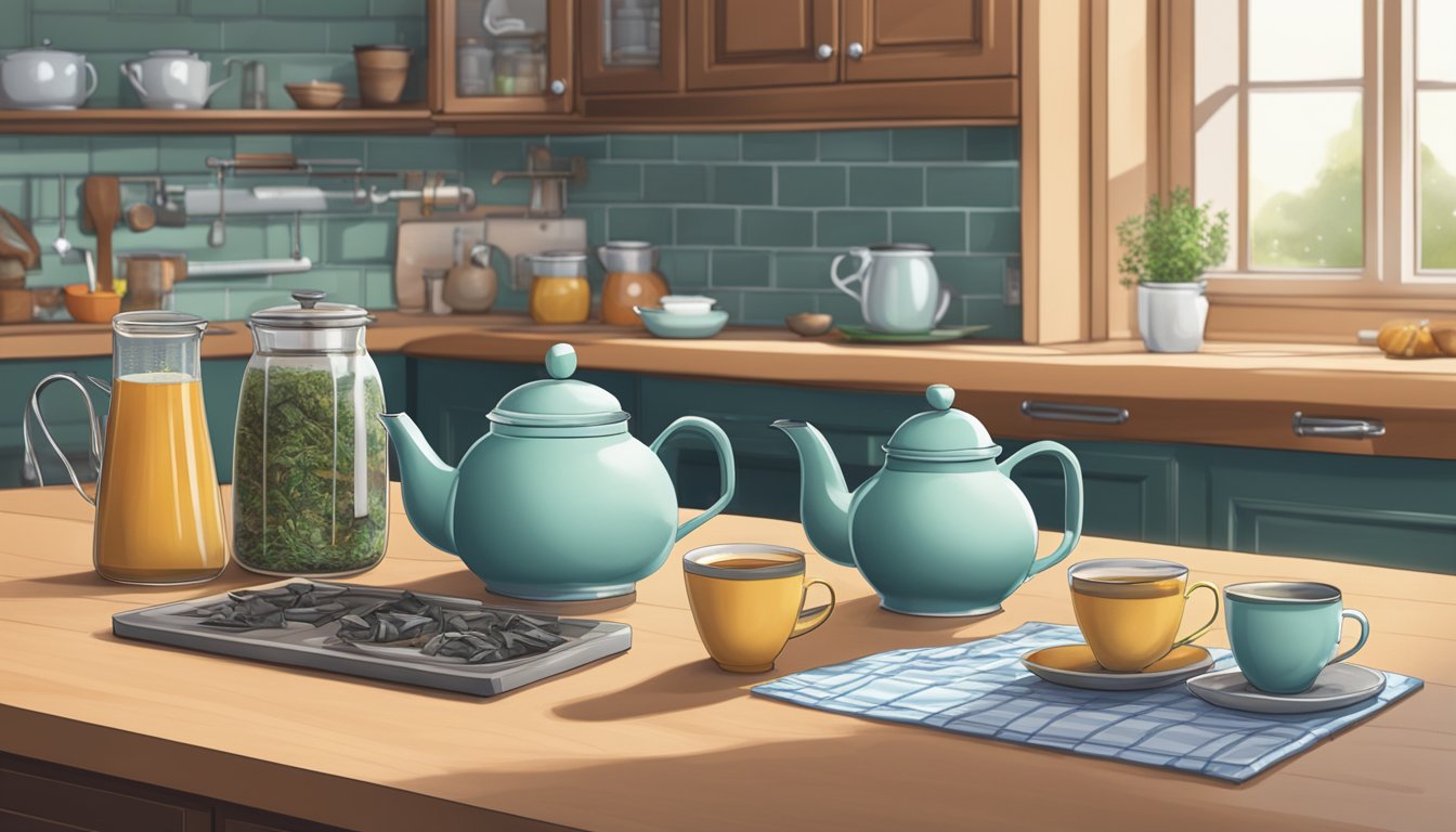 A serene kitchen with a kettle on the stove, a teapot, and a selection of celestial seasonings herbal tea bags on the counter