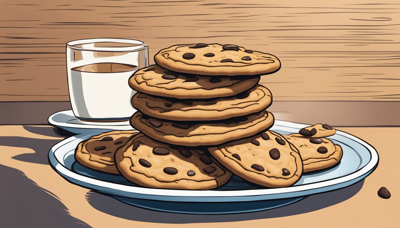 A pile of Chips Ahoy cookies stacked on a plate, with a hand reaching for another one