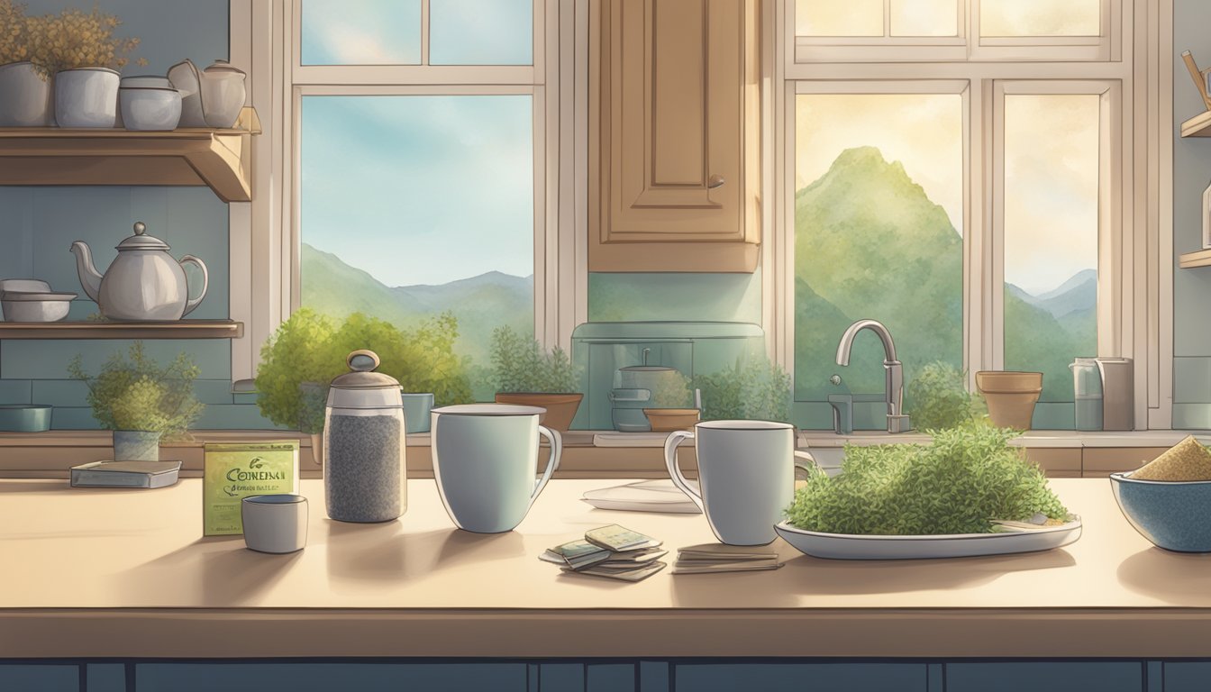 A serene kitchen counter with a steaming cup of herbal tea and a box of Celestial Seasonings tea bags