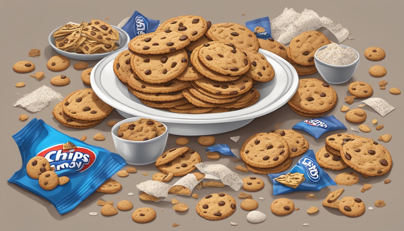 A plate overflowing with an assortment of Chips Ahoy! cookies, some whole and others broken, surrounded by empty crumb-strewn wrappers