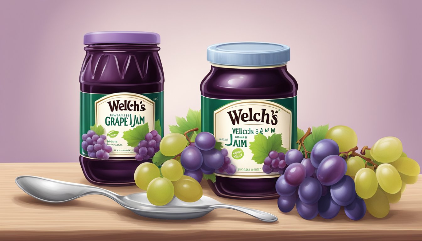 A table with multiple jars of Welch's grape jam, a spoon, and a measuring cup