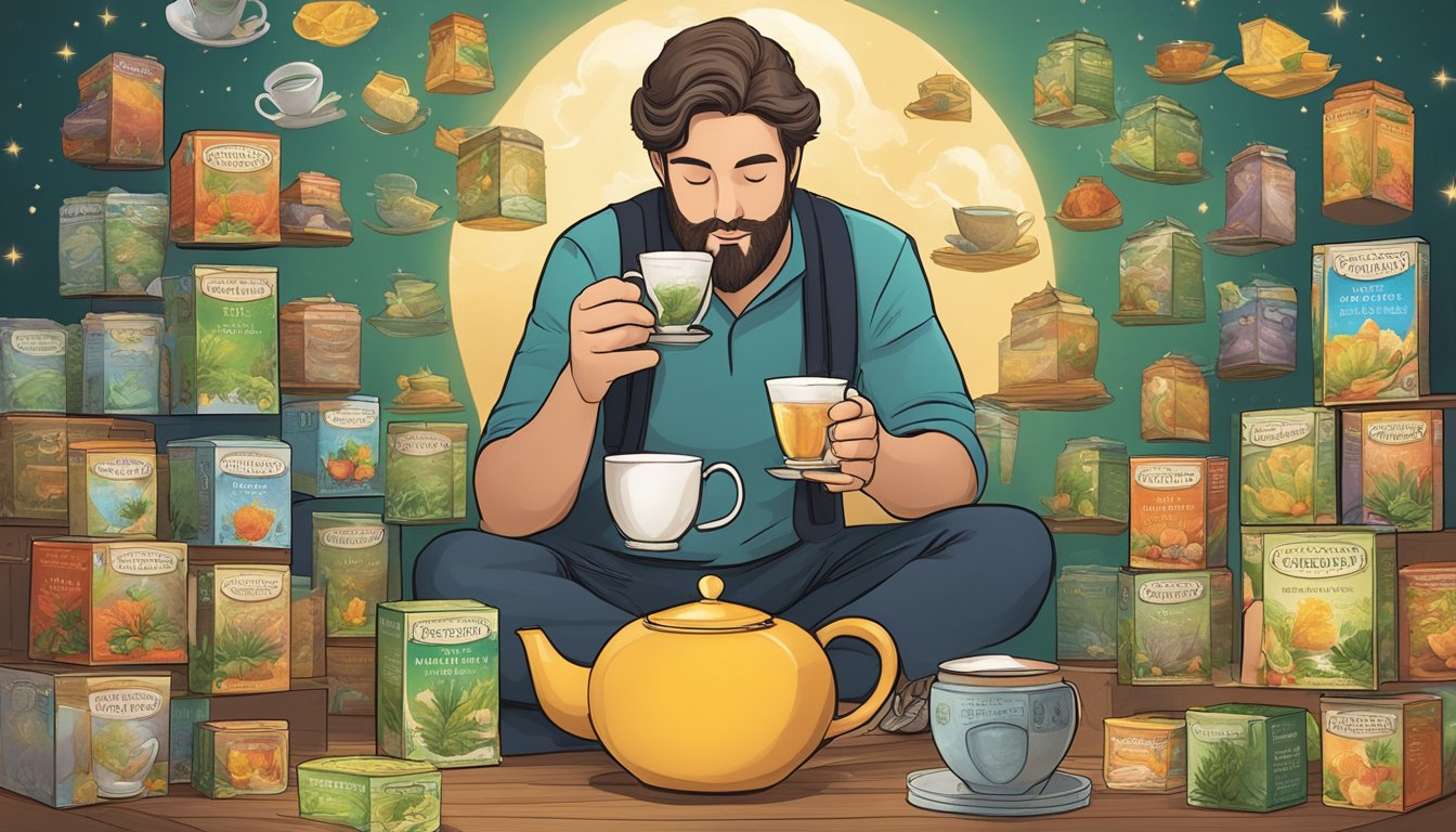 A person surrounded by various celestial seasonings herbal tea boxes, with a steaming cup of tea in hand