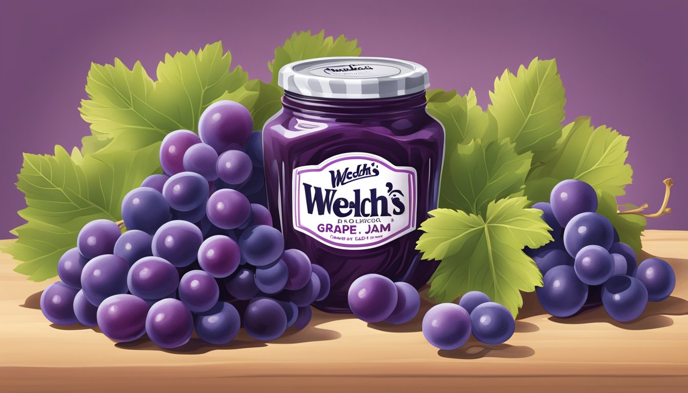 A jar of Welch's grape jam overflowing with excessive spoonfuls