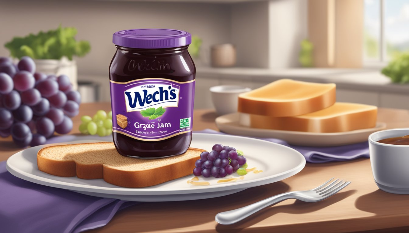 A person spreads an excessive amount of Welch's grape jam on toast, while a nutrition label with calorie information is visible in the background