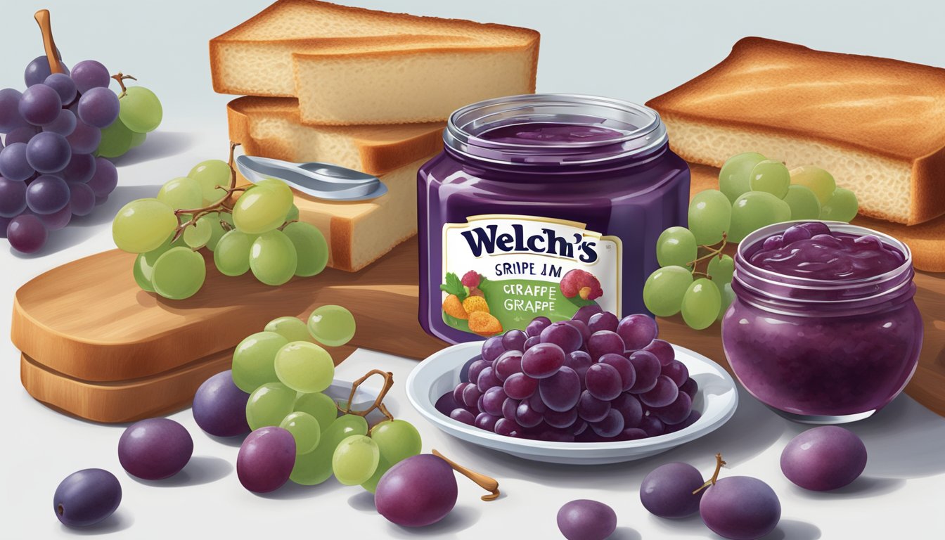 A jar of Welch's Grape Jam surrounded by various other types of fruit spreads, with a spoon scooping out a large dollop onto a slice of bread