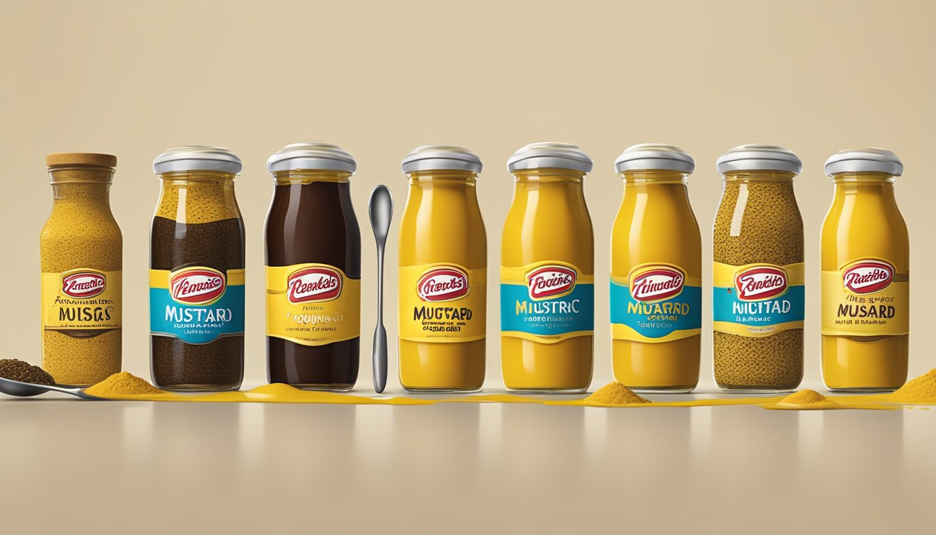 A table with various types of mustard bottles lined up, with a measuring spoon pouring out an excessive amount of French's mustard