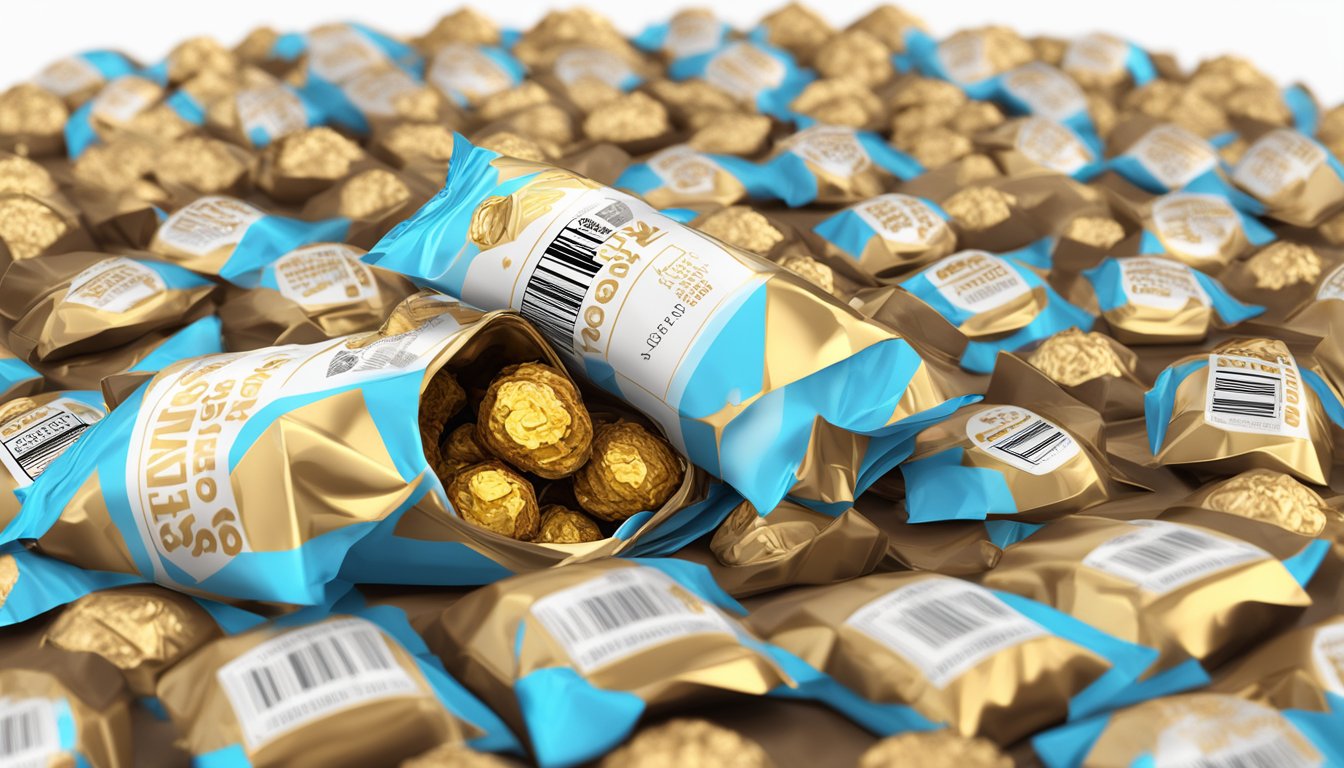 A pile of Ferrero Rocher chocolates spilling out of an open wrapper, with a nutrition label in the background