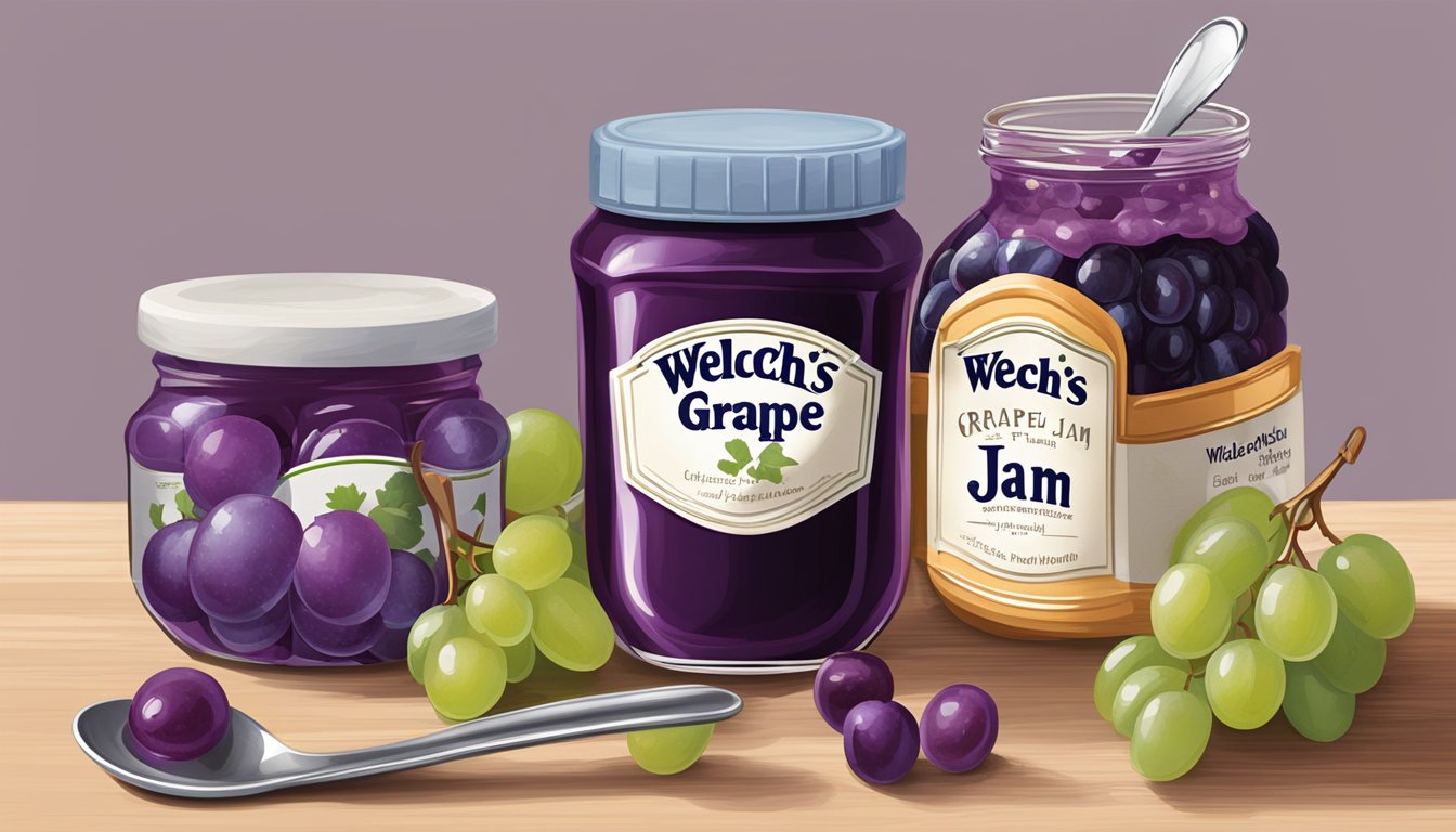 A table with multiple jars of Welch's grape jam, a spoon, and a measuring cup