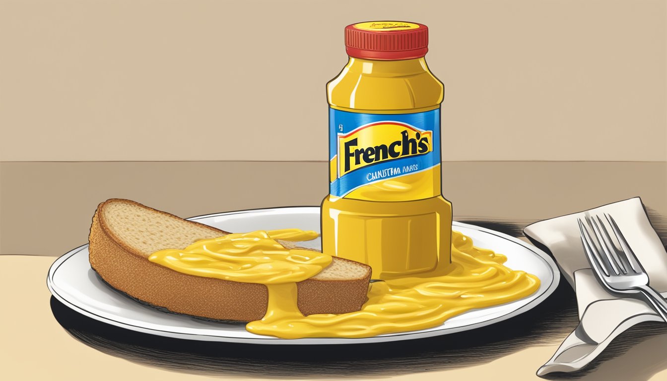 A bottle of French's mustard overflowing onto a plate of food, with a caution sign nearby