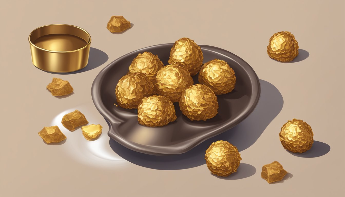 A pile of Ferrero Rocher chocolates spilling out of a golden wrapper, with a measuring cup next to it showing a small portion