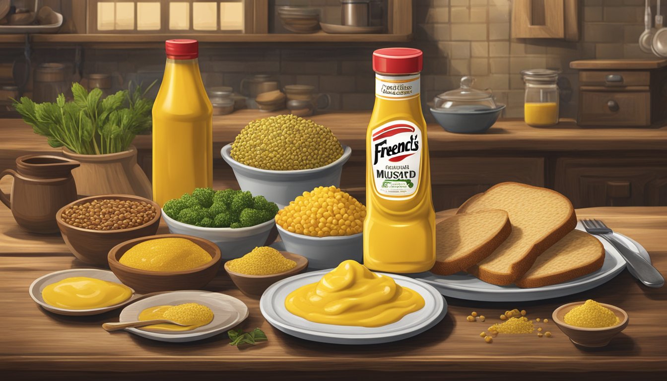 A bottle of French's mustard overflowing onto a plate, surrounded by various foods in a rustic kitchen setting