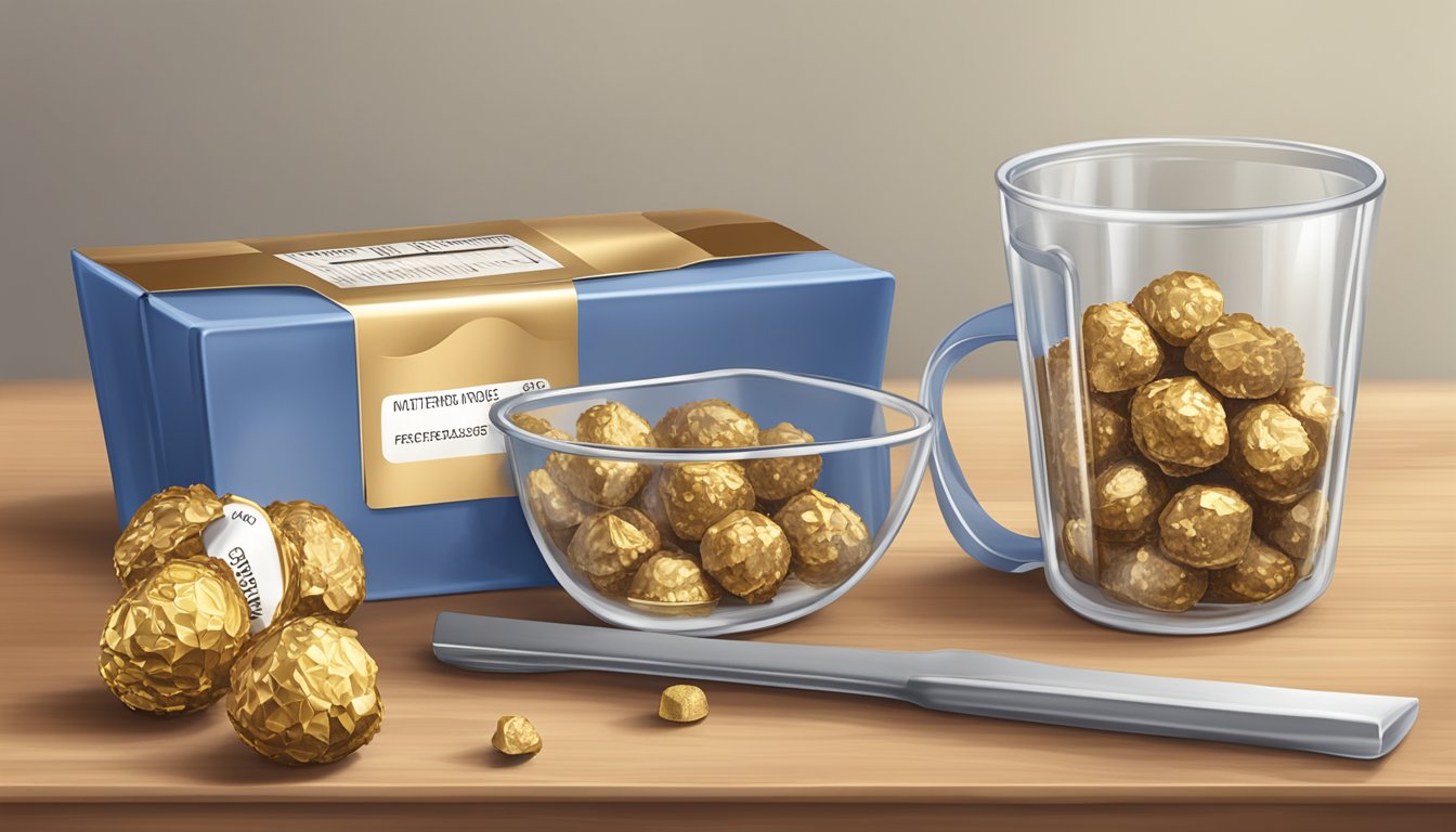 A table with a small pile of Ferrero Rocher chocolates, a measuring cup, and a nutrition label