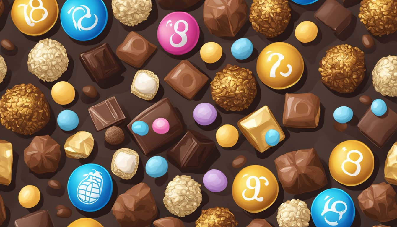 A pile of assorted chocolates with varying nutritional labels, a single Ferrero Rocher surrounded by others, a question mark hovering above it