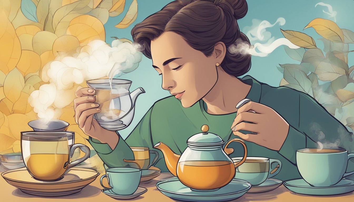 A person enjoying a peaceful moment, surrounded by various types of Tazo tea cups and a teapot, with steam rising from the hot beverages