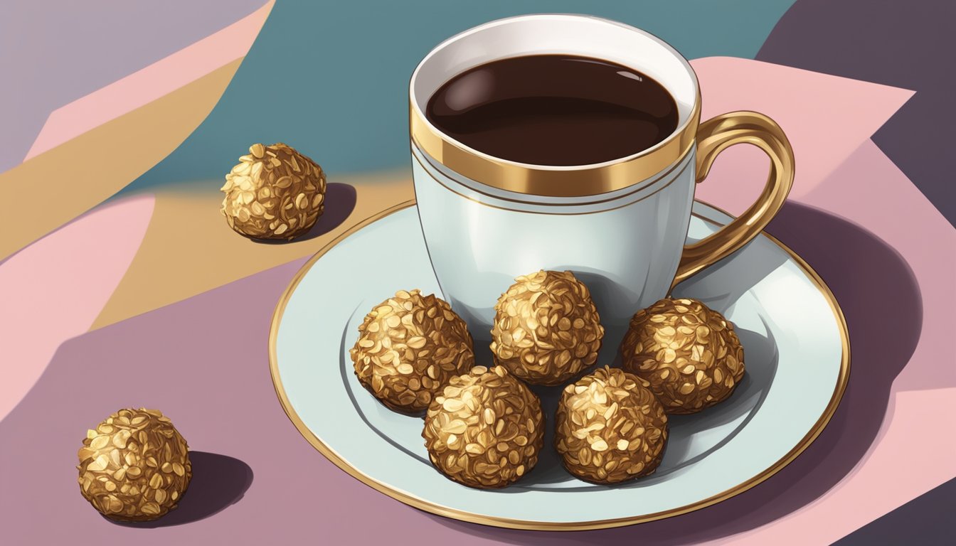 A small pile of Ferrero Rocher chocolates, with a single piece being delicately unwrapped, sits on a decorative plate next to a cup of coffee