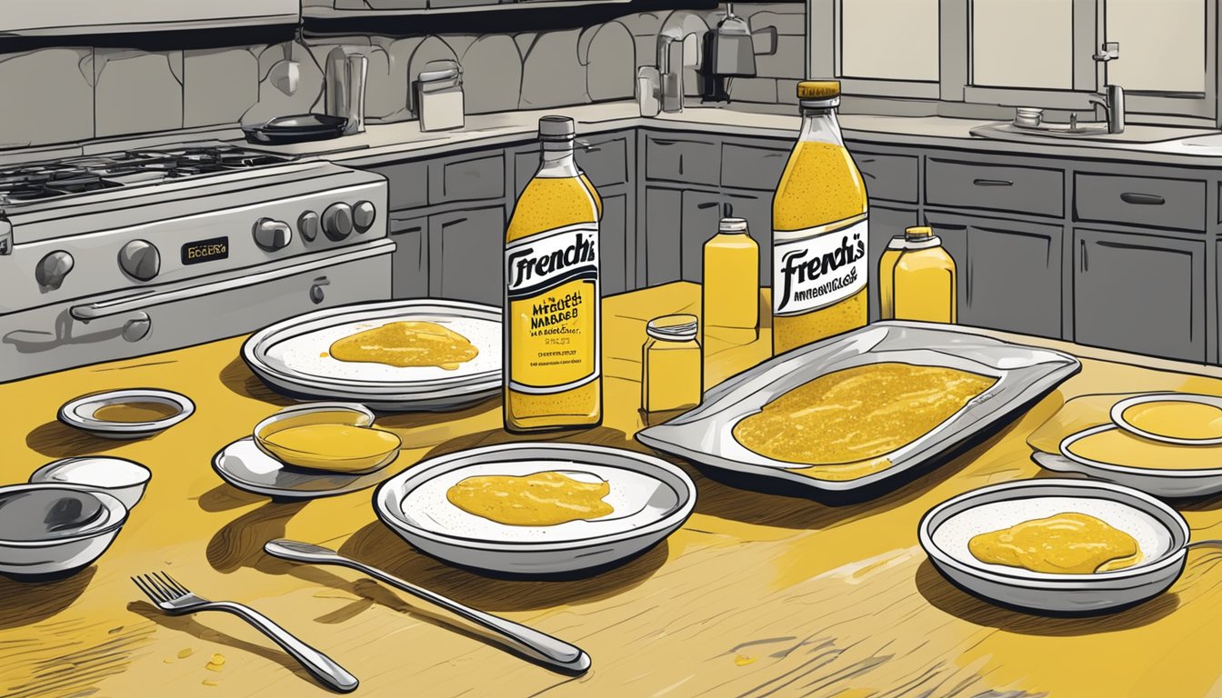 A kitchen counter with a bottle of French's mustard surrounded by empty plates and condiment stains