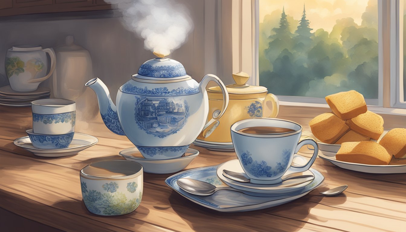 A cozy kitchen table with a steaming cup of Tetley Tea, a teapot, and a stack of teacups