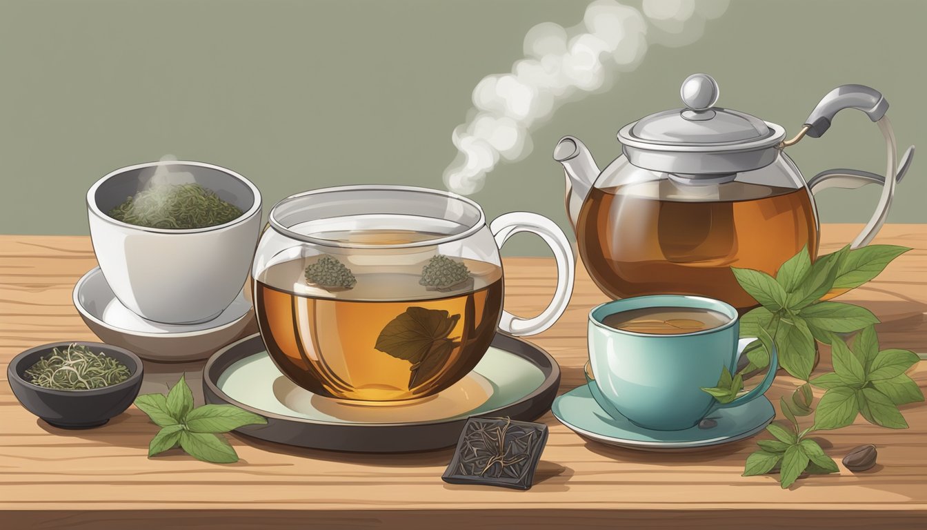 A steaming cup of Tazo tea sits next to a teapot and a variety of loose tea leaves and infusers on a wooden table