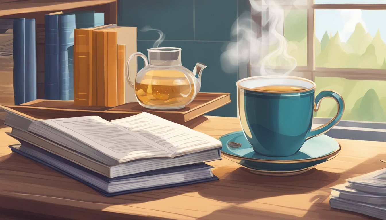 A cozy kitchen with a steaming cup of Tetley tea on a table, surrounded by a stack of books on the health benefits of tea