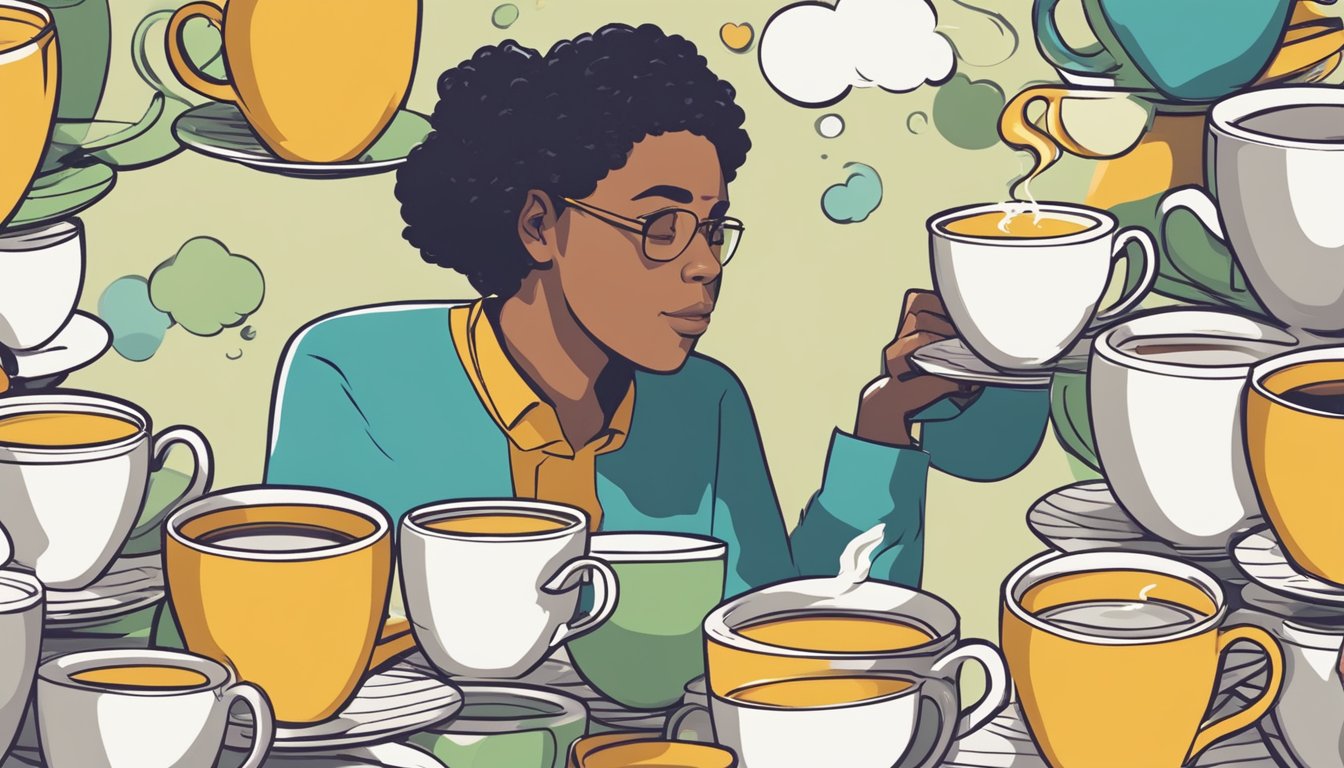 A person surrounded by various cups of Tazo tea, with a thought bubble showing question marks and an uncertain expression on their face