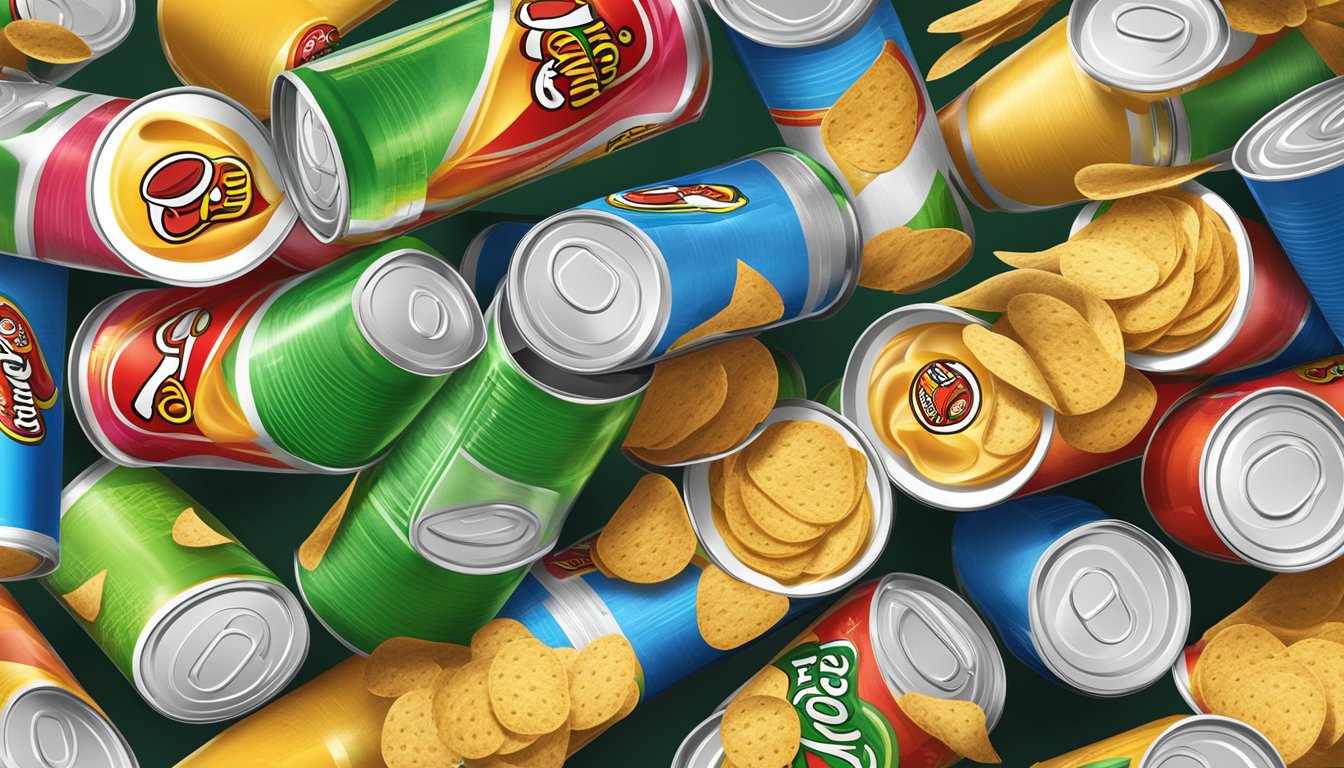 A towering stack of Pringles cans, with one can overflowing with chips, surrounded by empty cans