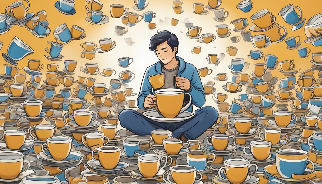 A person surrounded by multiple overflowing cups of Tetley tea