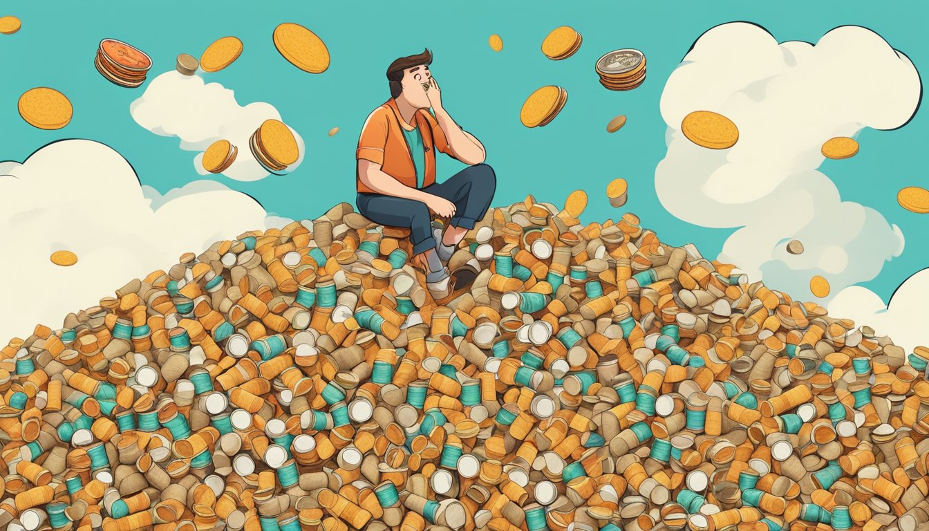 A mountain of empty Pringles cans towering over a person, surrounded by discarded snacks and a worried expression