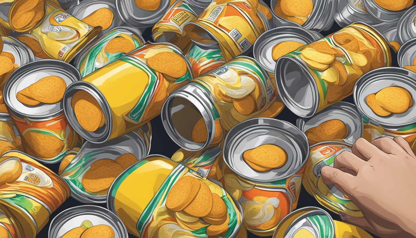 A table covered in empty Pringles cans, with a person reaching for yet another can