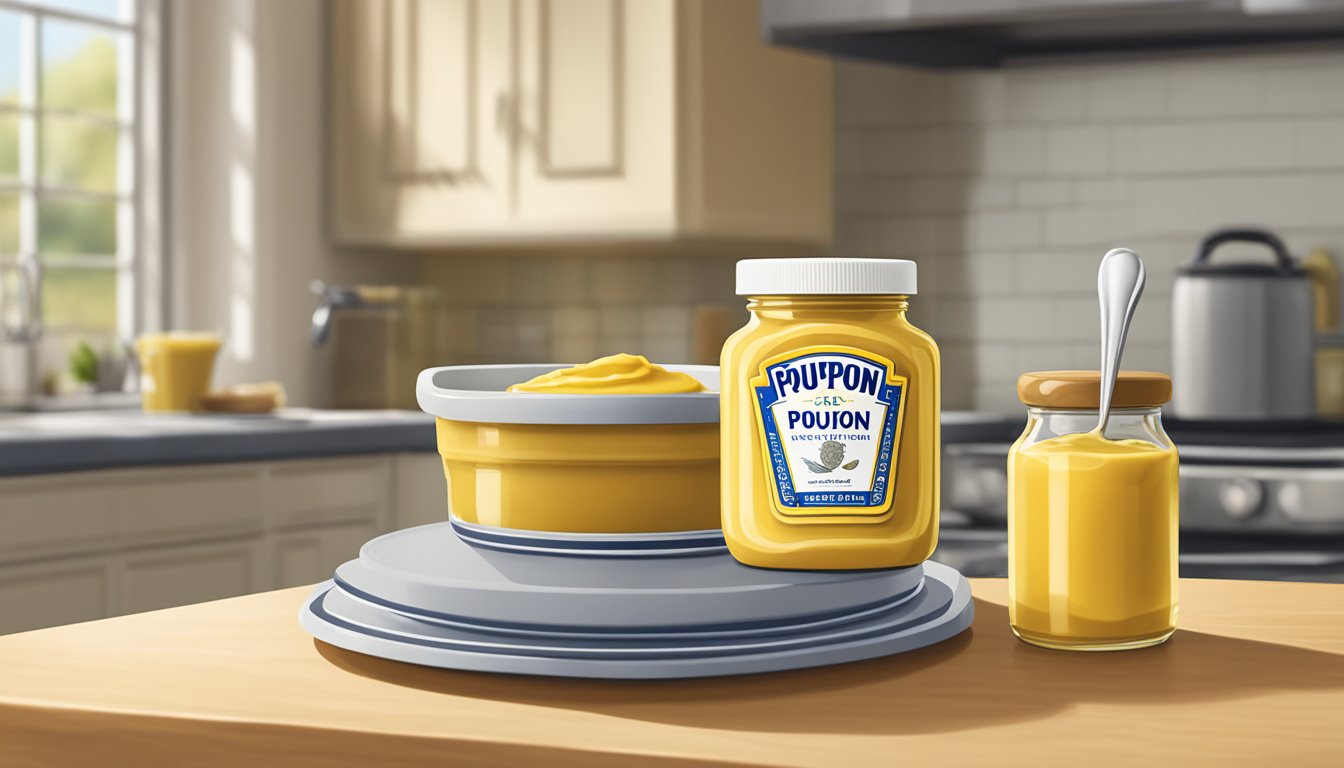 A jar of Grey Poupon Dijon mustard sits open on a kitchen counter, with a spoonful of mustard resting on a plate beside it