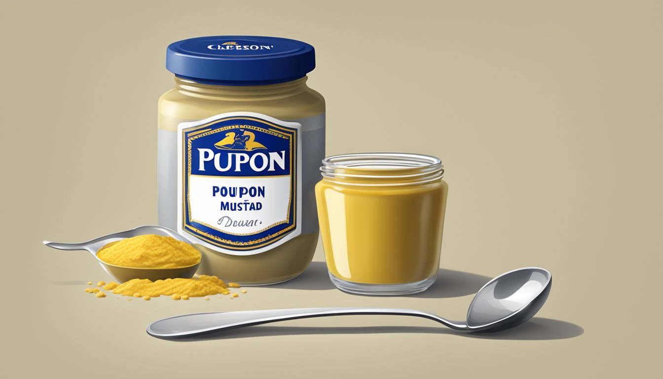 A jar of Grey Poupon Dijon mustard with a measuring spoon next to it, indicating portion size for daily consumption