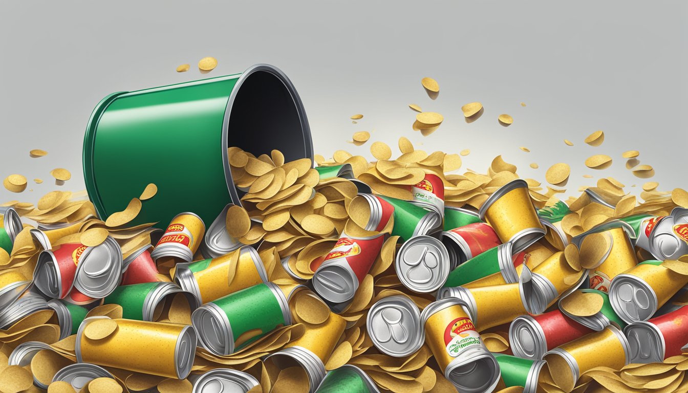 A pile of empty Pringles cans scattered around an overflowing trash bin